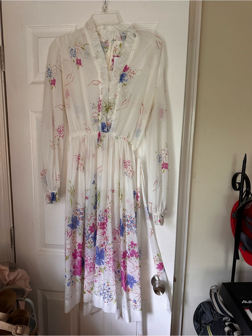 Vintage White Floral Midi Dress with Pink and Blue Accents